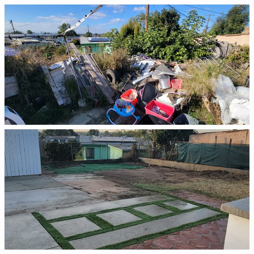 Before and after: an overgrown, junk-filled San Diego backyard cleared down to clean concrete and fresh turf by 7 Day Haul Away